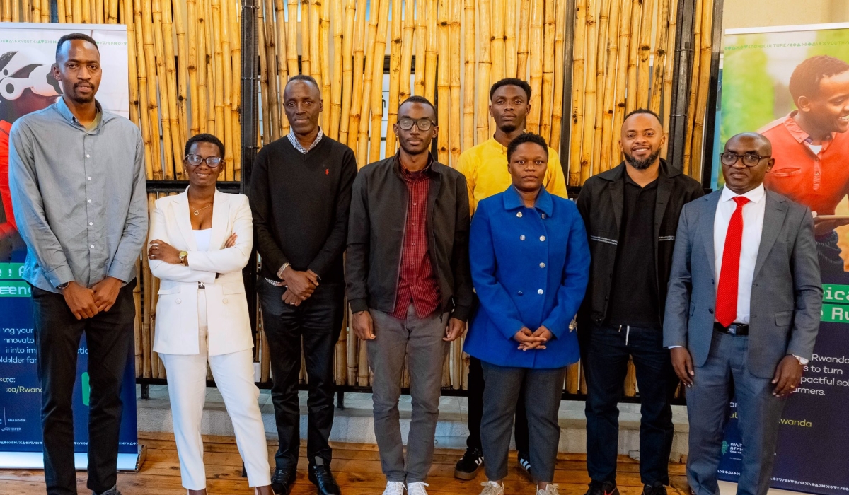 AYuTe Africa Challenge Rwanda 2025: Top five finalists and Bootcamp judges. From left to right Muyombano Happy Axel, Niyidukunda Mugeni Euphrosine, Alimas Hakizimana, Muhiza Frank, Tresor Gashonga, Sabina Marie Rose, Malik Shaffy, and Dr. Damien Shumbusho.