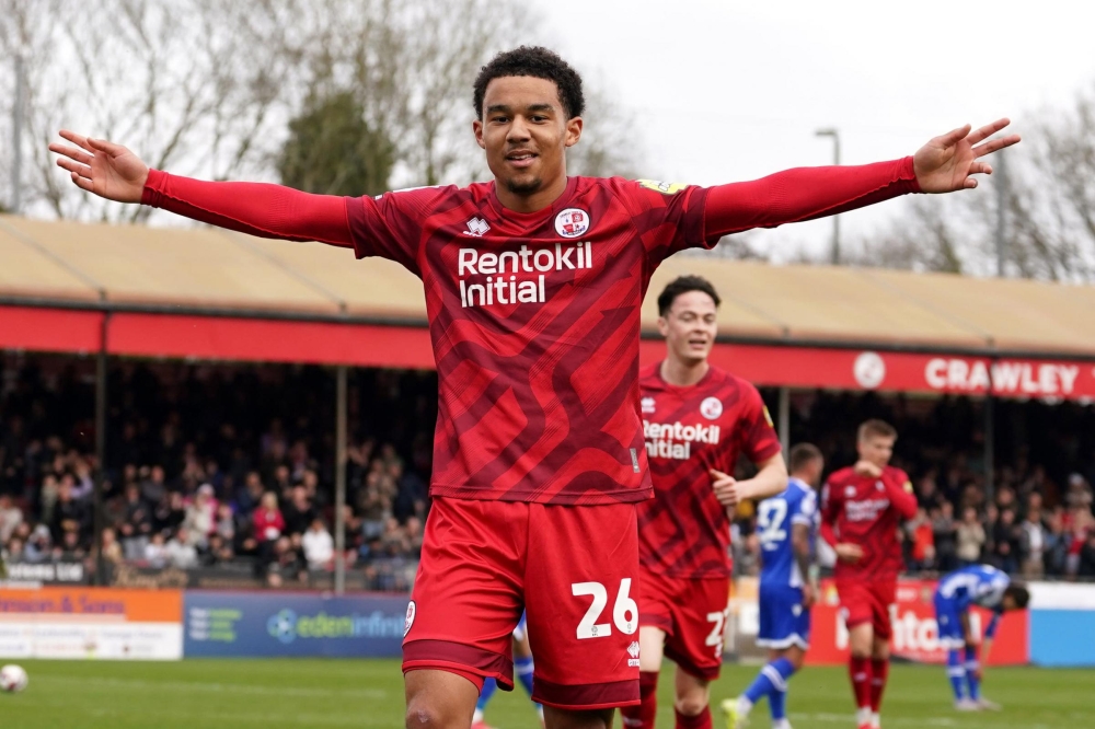 Midfielder Doyle Kamari celebrates his brace as Crawley Town thrashed Rotherham United on Saturday-courtesy