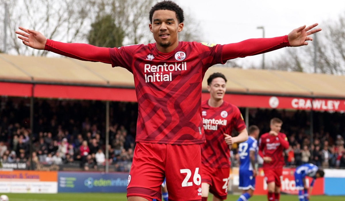Midfielder Doyle Kamari celebrates his brace as Crawley Town thrashed Rotherham United on Saturday-courtesy
