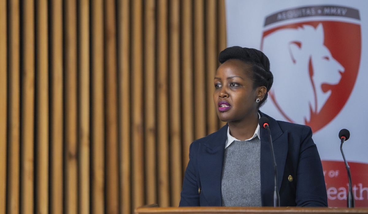 Minister of ICT and Innovation Paula Ingabire addresses delegates at the event. She called for bold action to close gender gaps in healthcare, technology, and leadership. Courtesy