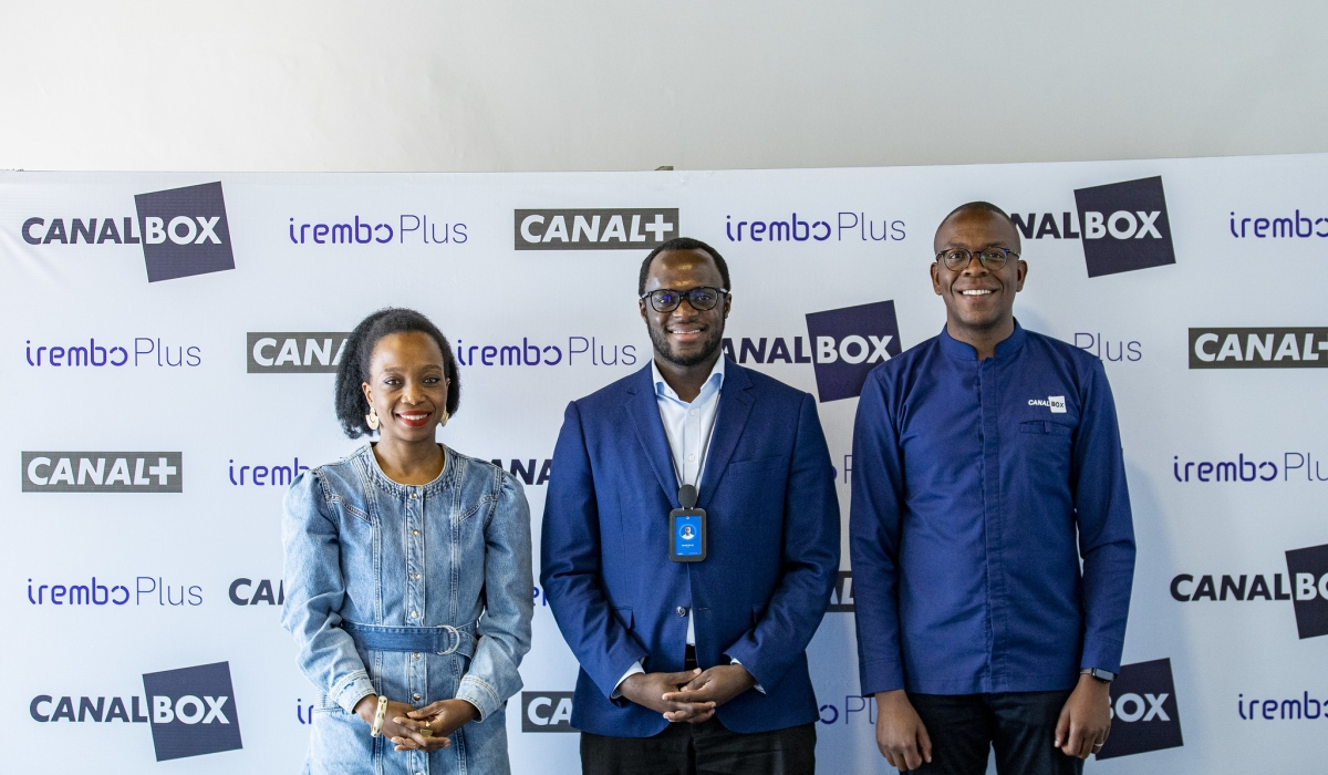 Sophie TCHATCHOUA, CEO of CANAL+ Rwanda, Israel Bimpe, CEO of Irembo, Aimé Abizera, the CEO of CanalBox pose for a photo at the launch of the initiative in Kigali on Wednesday, April 2. All photos by Dan Gatsinzi