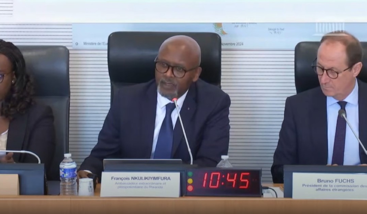 Amb. François Nkulikiyimfura, Rwanda’s envoy to France addresses the lower house of France’s parliament  on Wednesday, April 2. Courtesy