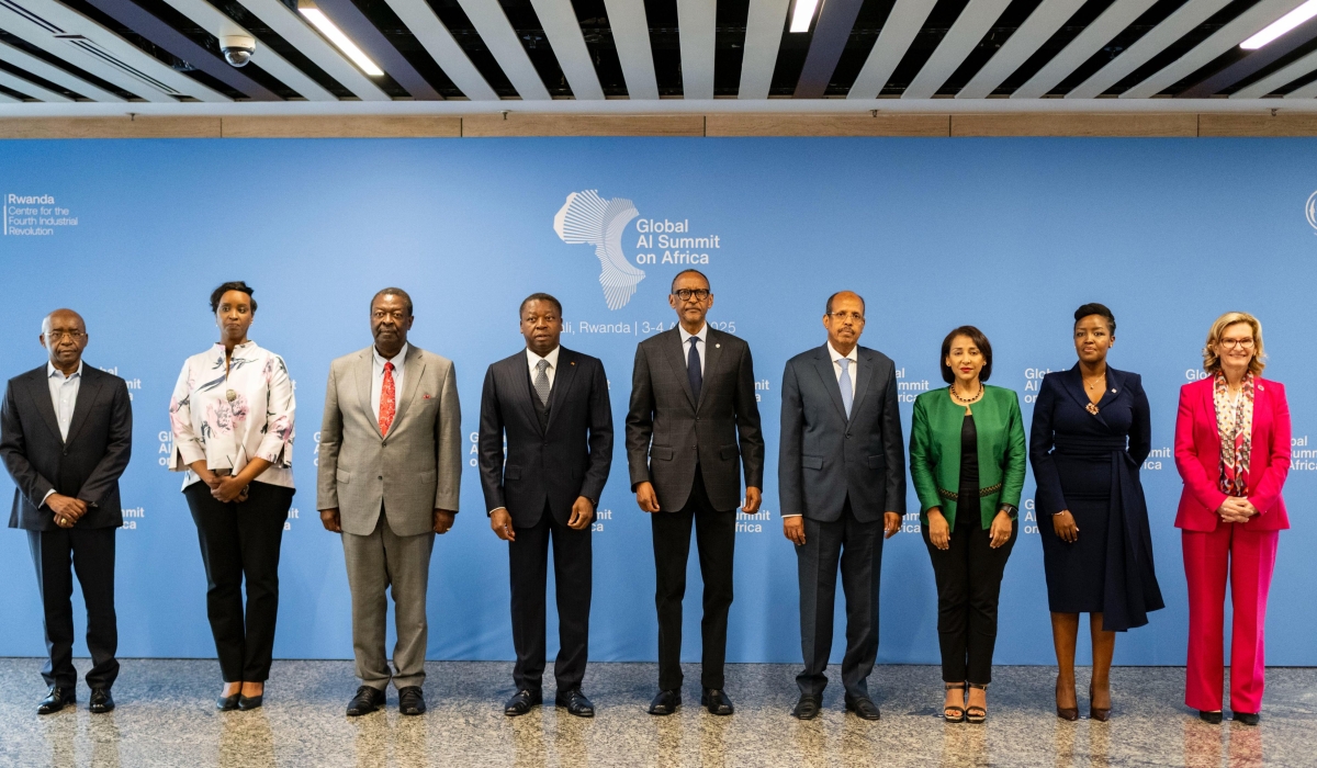 President Paul Kagame and officials pose for a group photo at the opening of the Global AI Summit on Africa in Kigali on Thursday, April 3.