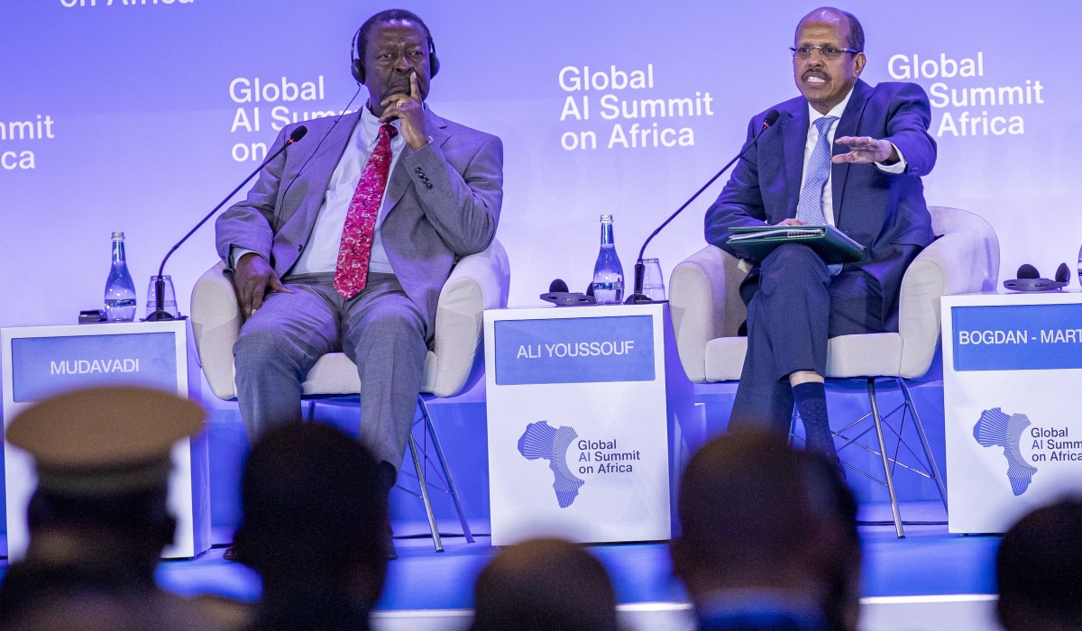 Musalia Mudavadi, Kenya’s Prime Cabinet Secretary and Cabinet Secretary for Foreign and Diaspora Affairs (L), and AU commission Chairperson AU Mahmoud Ali Youssouf at the  Summit on a panel discussion at the opening session on Thursday, April 3. Photo by Dan Gatsinzi