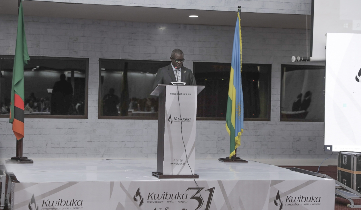 Rwanda&#039;s Ambassador to Zambia Emmanuel Bugingo delivers his remarks during the commemoration ceremony in Lusaka, Zambia
