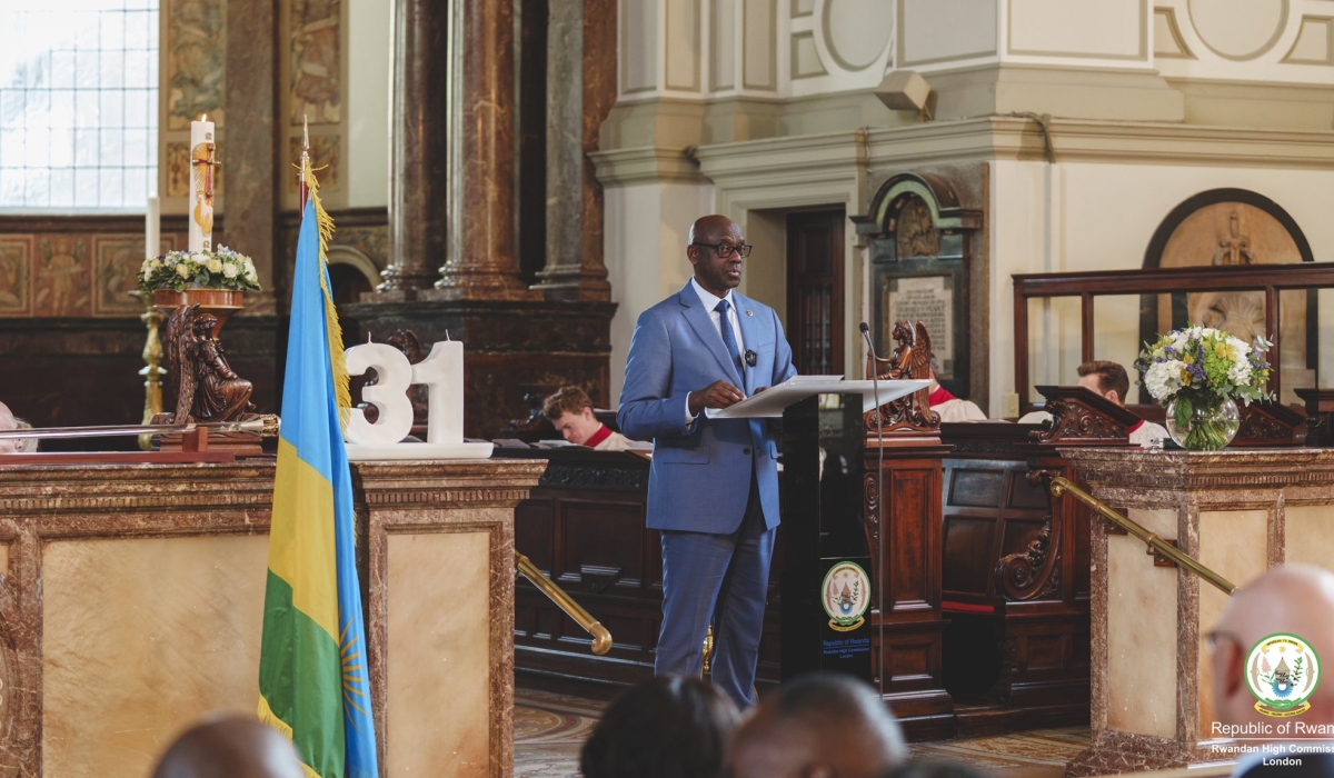 Rwanda High Commissioner Johnston Busingye delivers his remarks during the commemoration ceremony in UK.