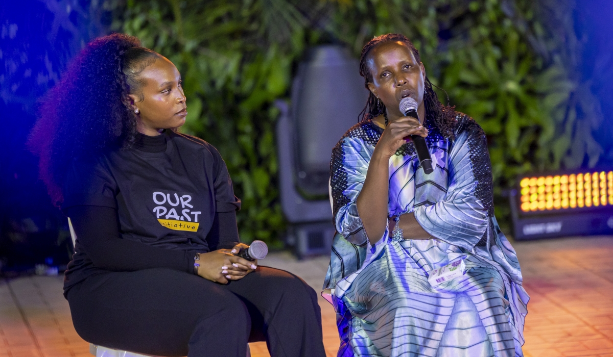 Marie-Rose Hodari, a Genocide survivor, gives her testimony during the Our Past Initiative event on Wednesday, April 9, at Nyanza Genocide Memorial in Kicukiro District. PHOTO BY OLIVIER MUGWIZA