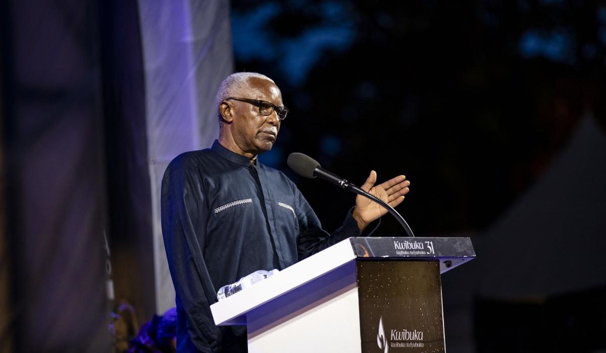 Venuste Karasira, 73, a genocide survivor shares his testimony during Kwibuka 31 at Nyanza-Kicukiro Genocide Memorial on Friday, April 11. Photos by Dan Datsinzi