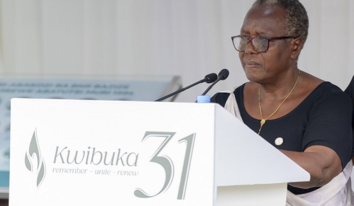Marie-Ignâce Uwimana, a genocide survivor shares her testimony during the commemoration event. Courtesy