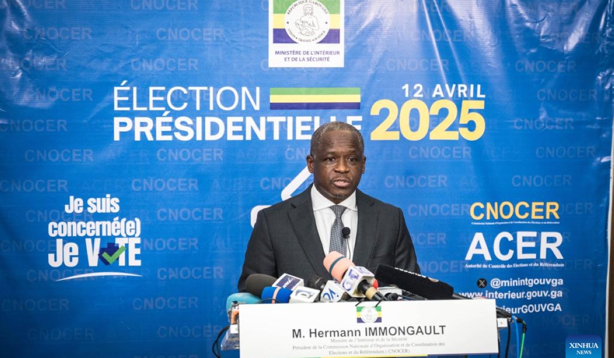 Gabon&#039;s Interior Minister Hermann Immongault declares the results of Gabon&#039;s 2025 presidential election during a press conference in Libreville, April 13, 2025. (Xinhua/Wang Guansen)