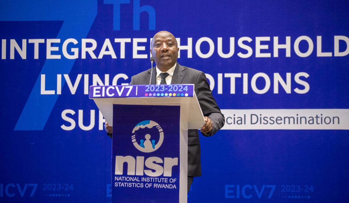 Prime Minister Edouard Ngirente delivers his remarks during during the presentation of the seventh Integrated Household Living Conditions Survey (EICV 7) on Wednesday, April 16. Photos by Craish Bahizi