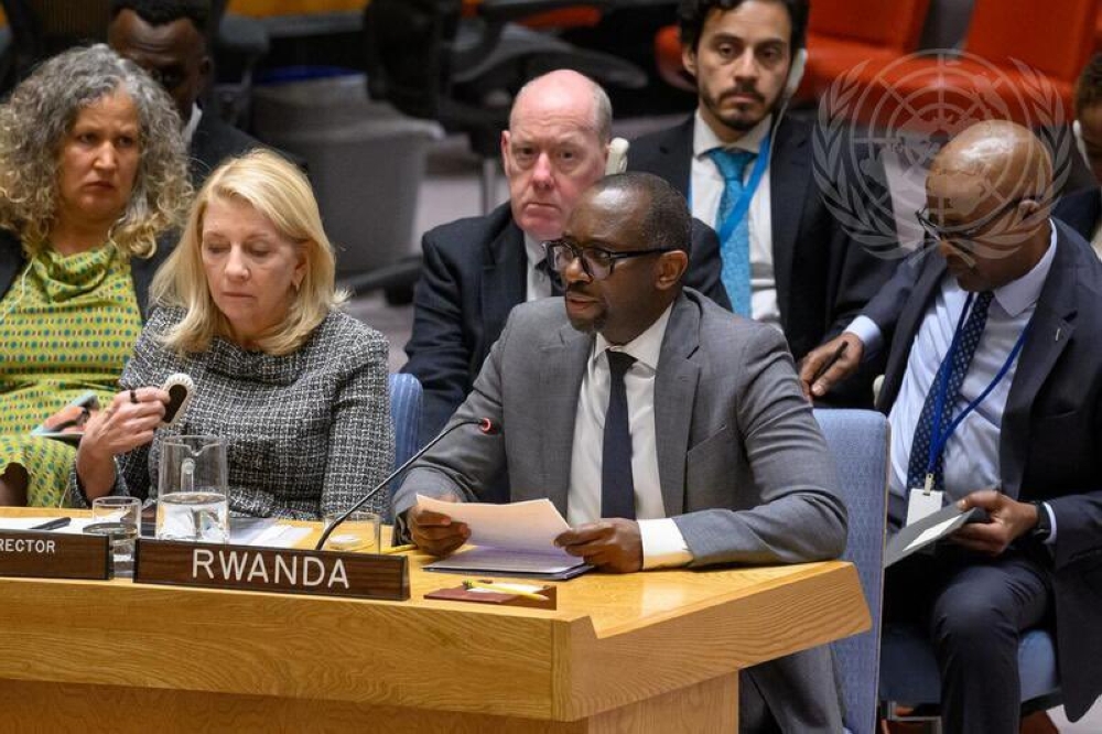 Robert Kayinamura, the Deputy Permanent Representative of Rwanda to the UN, addresses the UN Security Council on Wednesday, April 16. Courtesy
