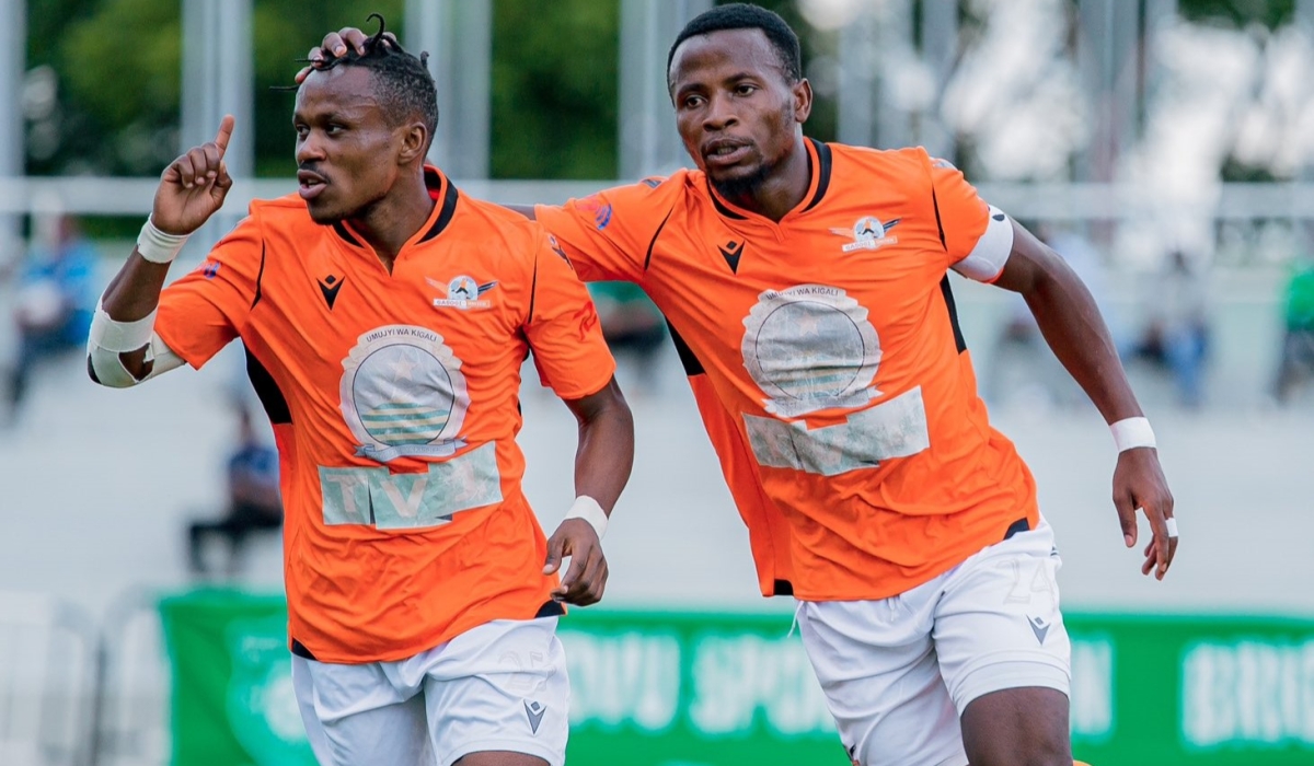 Gasogi United captain Akbar Muderi (L) and his teammate during the celebration of a goal. Courtesy