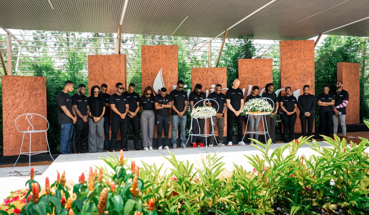 Fitnesspoint staff observe a moment of silence to remember the victims of the 1994 Genocide against the Tutsi. This was during their visit to the Kigali Genocide Memorial on April 18.