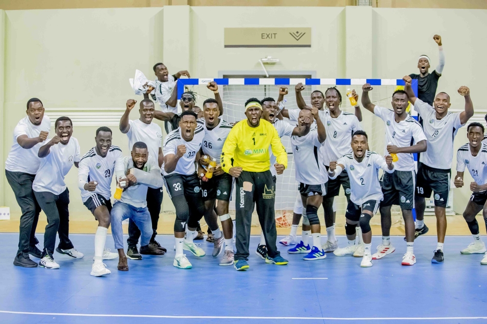 APR HC players celebrate after Sunday&#039;s hard fought 27-25 win over Police HC at Petit Stade Gymnasium- Courtesy photos