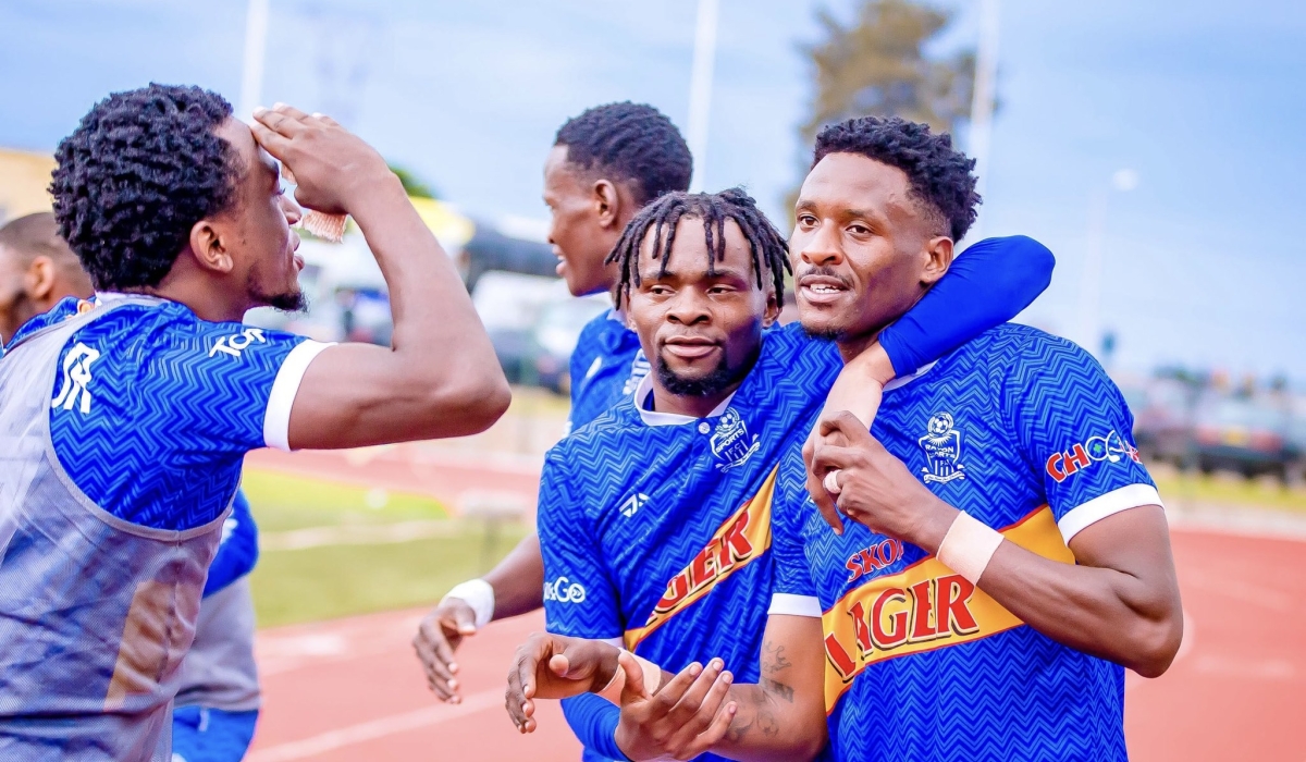 Rayon Sports players join goalscorer Abeddy Biramahire in celebration during Saturday&#039;s 2-0 win over Muhazi United at Ngoma Stadium-courtesy
