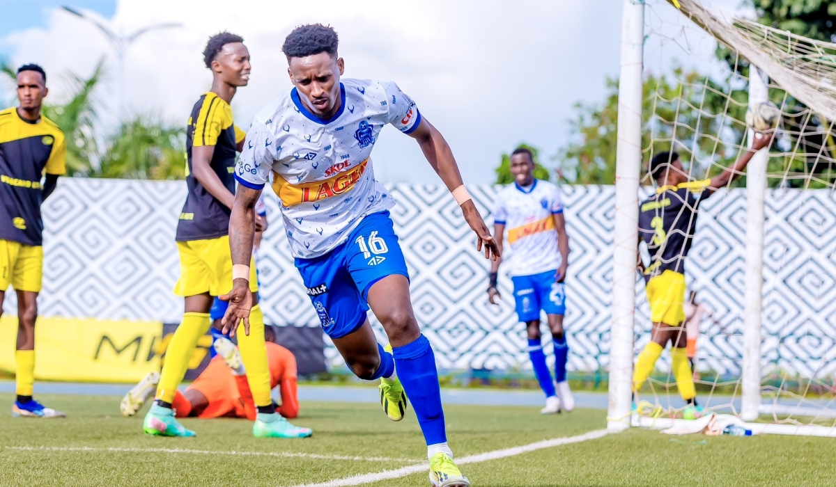 Forward Abeddy Biramahire wheels away in celebration after scoring the opening goal in Rayon&#039;s 1-1 draw against Mukura VS at Huye Stadium on Tuesday, April 22-courtesy photos