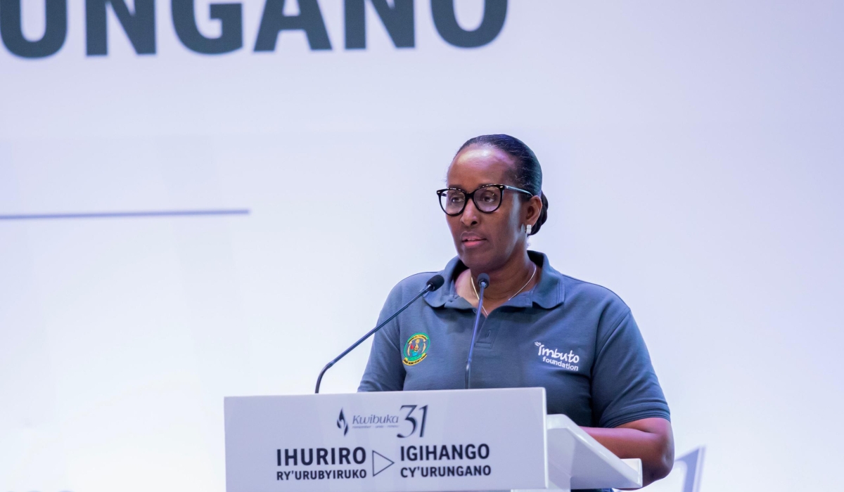 First Lady Jeannette Kagame delivering her remarks at Igihango cy’Urungano, held at Intare Conference Arena on April 25