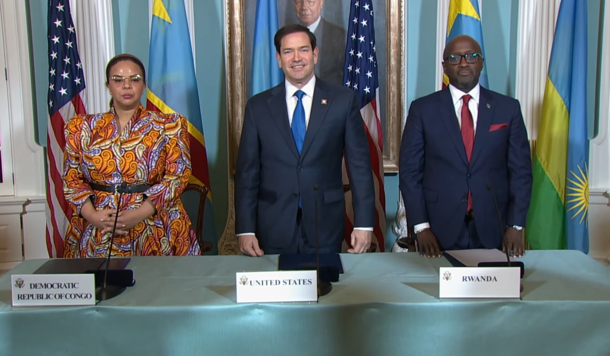 L-R: DR Congo’s Minister of Foreign Affairs Therese Kayikwamba Wagner, US Secretary of State Marco Rubio and Rwanda’s Minister of Foreign Affairs and International Cooperation Olivier Nduhungirehe at the signing ceremony of the Declaration of Principles in Washington D.C. on Friday, April 25. 