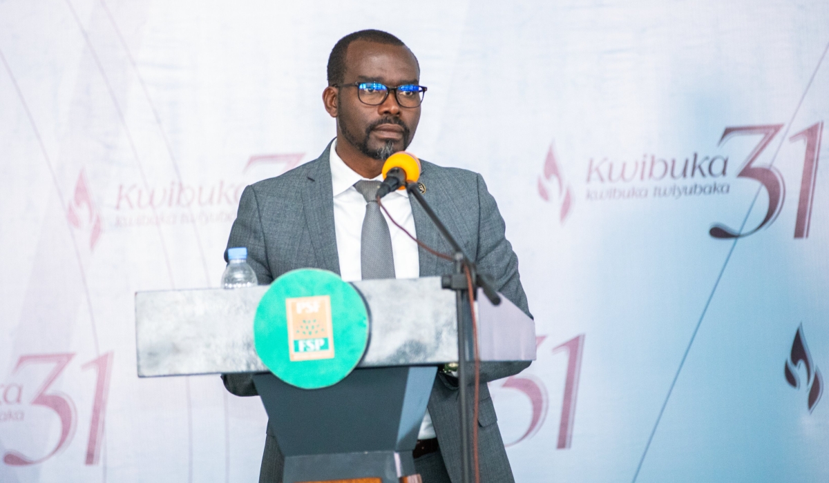 The Minister of Trade and Industry, Prudence Sebahizi, speaks during a commemoration event of former members of Rwanda Private Sector federation killed in the genocide.
