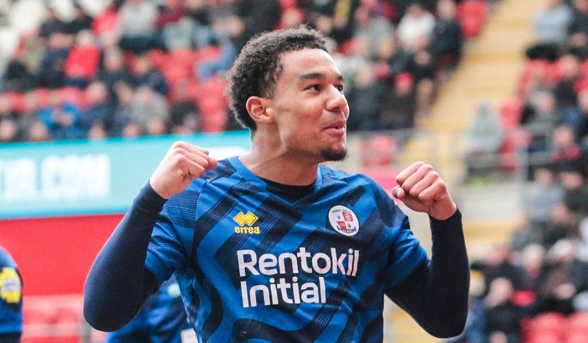 Rwandan attacking midfielder Doyle Kamari celebrates his goal against Northampton Town FC on Sunday-courtesy