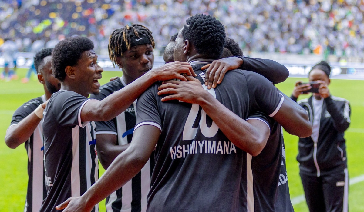 APR FC players mob goalscirer Djibril Ouattara who score the goal that sent Police FC packing as PAR qualified for the Peace Cup final where they will face arch rivals Rayon Sports-courtesy