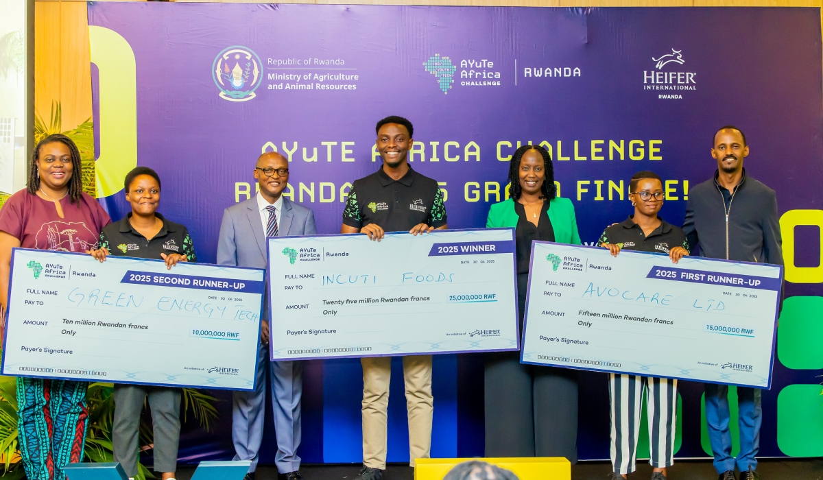 Officials and winners pose for a group photo as Heifer International Rwanda awarded Rwf50m to youth-led agritech startups in push for smart farming