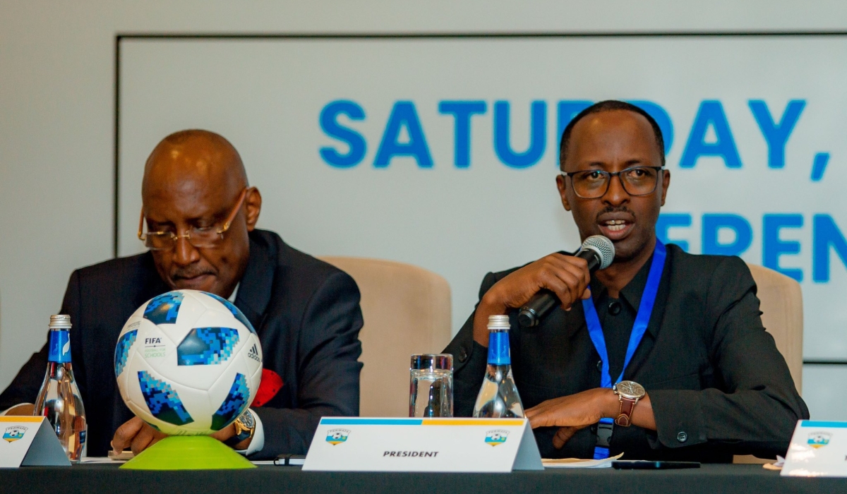 Ferwafa president Alphonse Munyantwali speaks during the General Assembly in Kigali on Saturday, May 3-courtesy