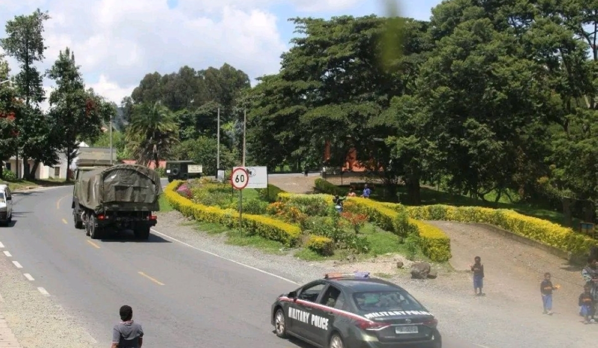 A truck carrying equipment of withdrawing SADC forces passes through Rwanda&#039;s Rubavu District, escorted by Rwanda Defence Force on April 29. Courtesy 