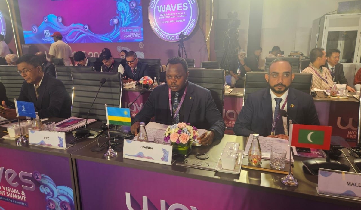 Youth and Arts Minister Jean-Népo Abdallah Utumatwishima speaking at the World Audio Visual and Entertainment Summit (WAVES) in Mumbai, India, on May 2-courtesy