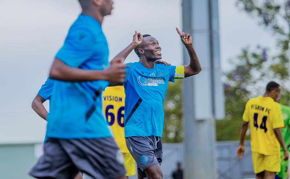 Ugandan attacker Emmanuel Okwi celebrates after giving AS Kigali the lead in their 2-0 win over Vision on Monday at Kigali Pele Stadium-courtesy