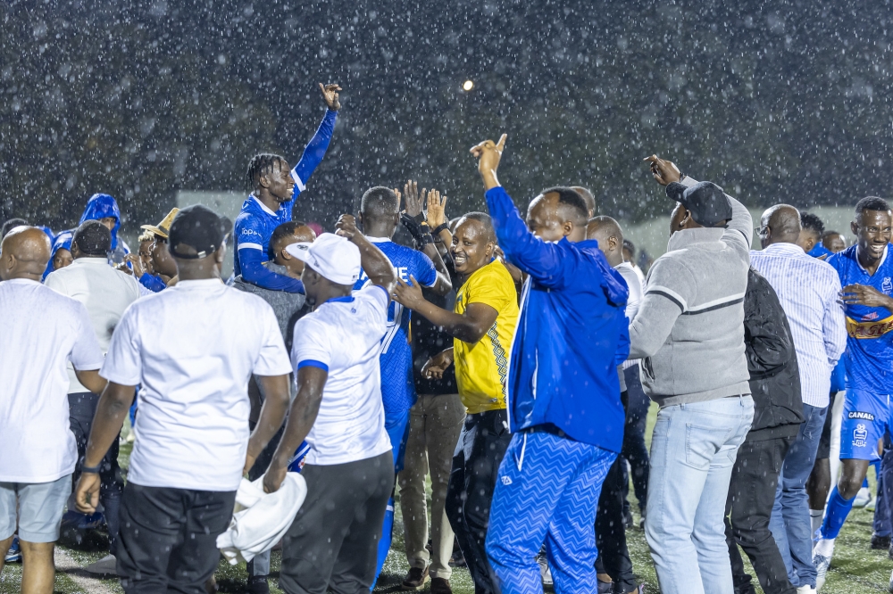 Team supporters lift-up Rahman Rukundo who gave an assist to Fiston Ishimwe, the goal scorer during the celebration Team supporters lift-up Rahman Rukundo who gave an assist to Fiston Ishimwe, the goal scorer during the celebration