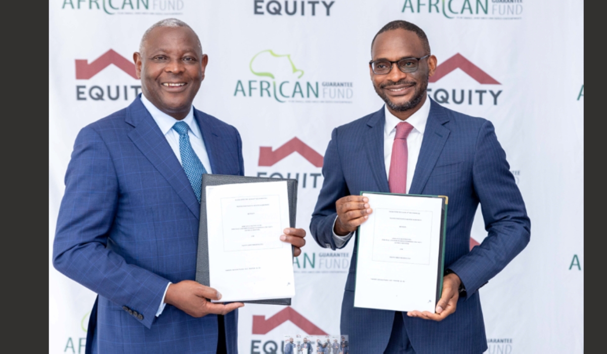 Equity Group Managing Director & CEO, Dr. James Mwangi (Left) and African Guarantee Fund Group CEO, Jules Ngankam (Right) display a signed agreement to scale up transformative partnership with USD 500 Million guarantee facility to accelerate MSME financing.