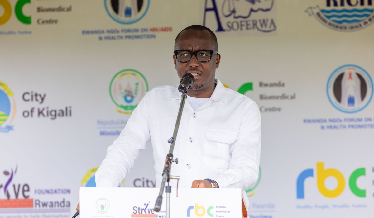 Dr Claude Muvunyi, the Director General of the Rwanda Biomedical Centre speaks at the event. Courtesy