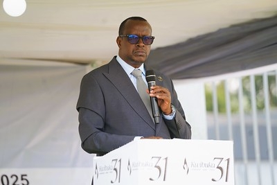 Minister of National Unity and Civic Engagement, Jean-Damascène Bizimana, addresses Rubavu and Nyabihu residents during commemoration event at the Bigogwe Genocide Memorial.Courtesy