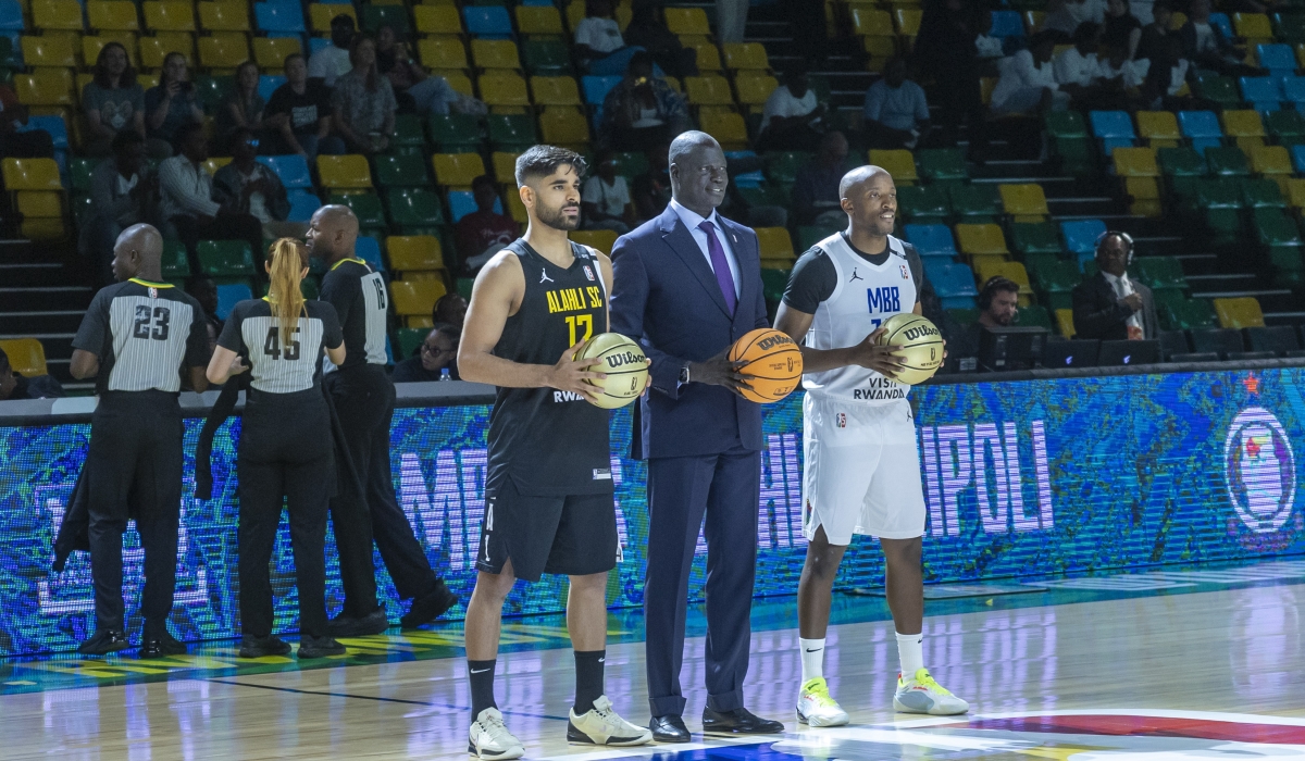 Al Ahli’s captain, BAL president Amadou Gallo Fall, and MBB’s captain at the inaugural of the 2025 BAL Nile Conference at BK Arena.