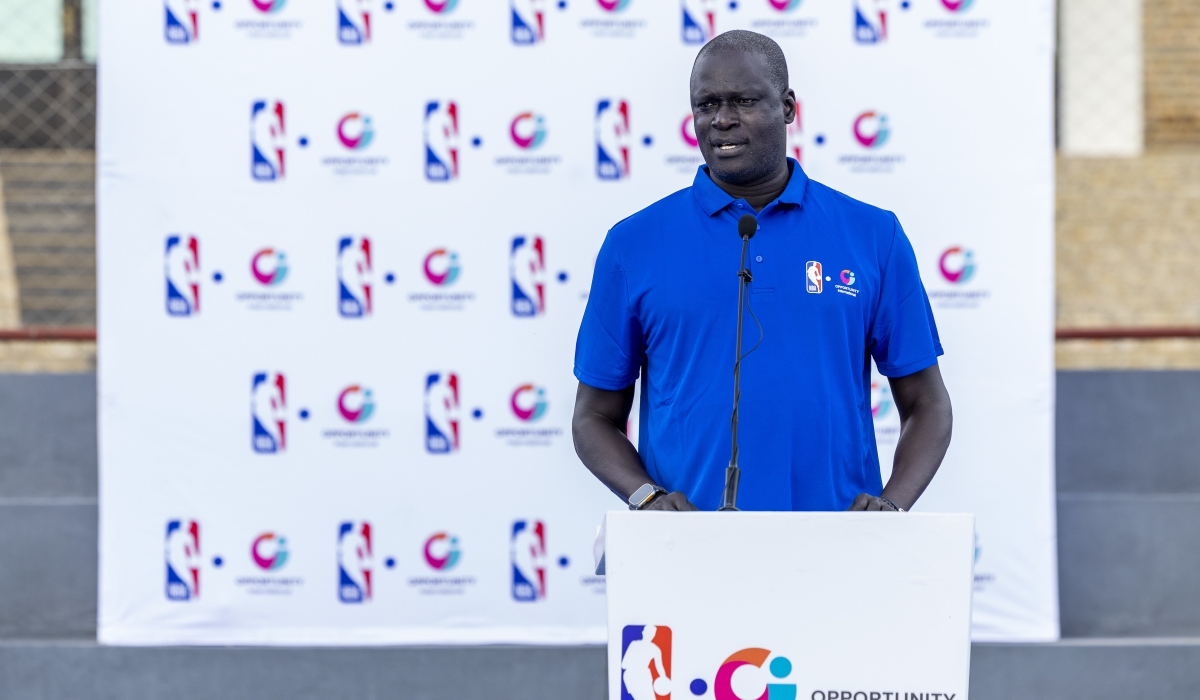 BAL President Amadou Gallo Fall speaks during the court unveiling in Nyamata