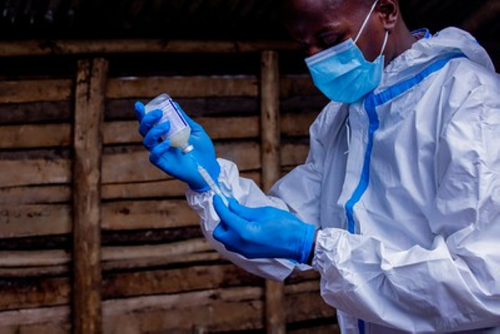 A veterinarian inspects a vaccination dose of swine erysipelas in Kivumu Sector, Rutsiro District. Photos by Germain Nsanzimana.