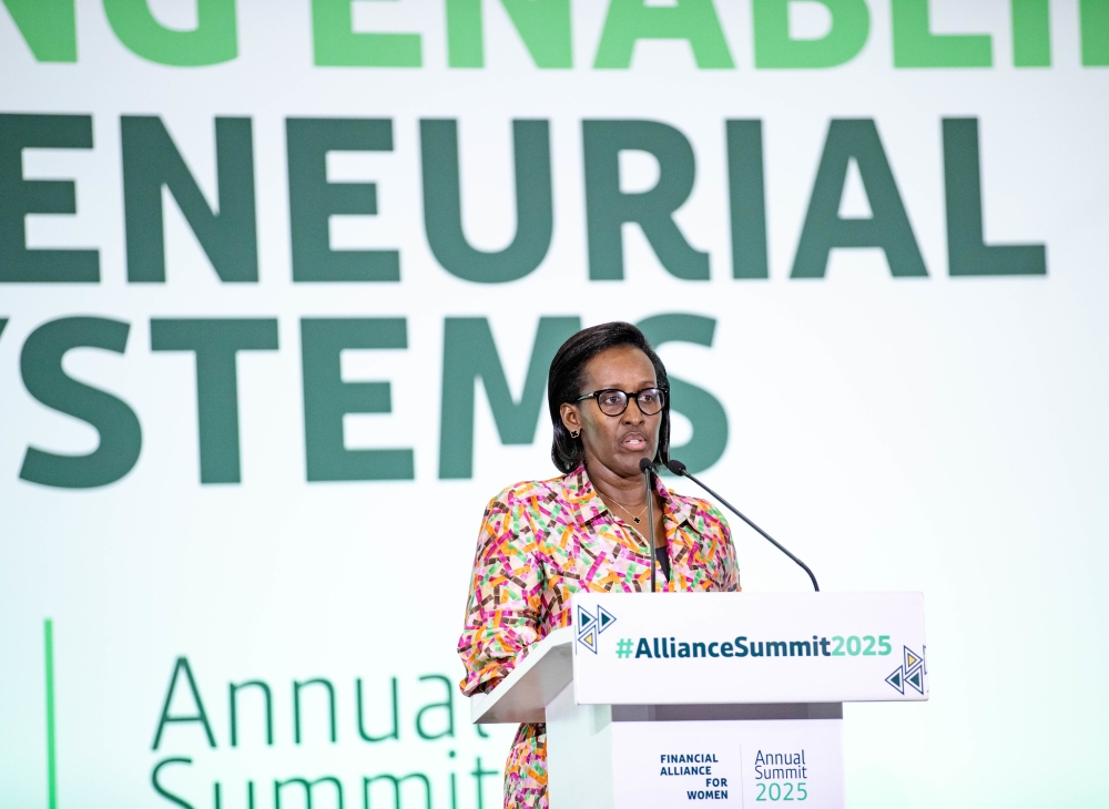 First Lady Jeannette Kagame delivers her remarks during the Annual Summit of Financial Alliance for Women on Wednesday, May 28. All photos by Dan Gatsinzi