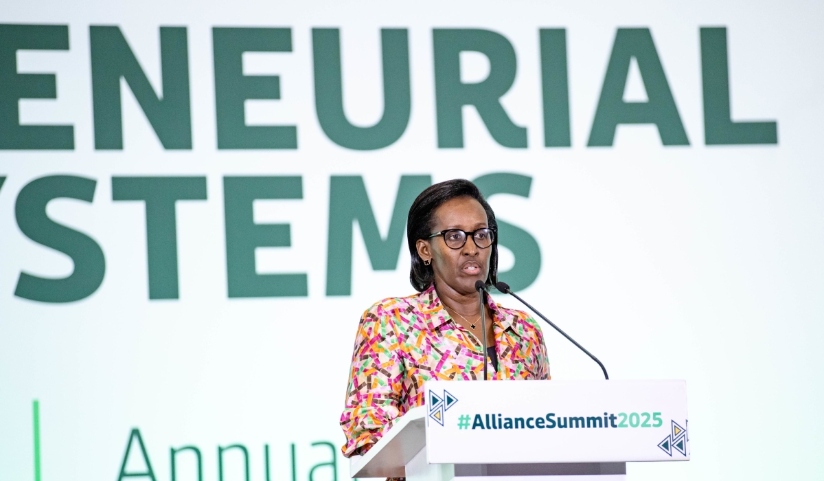 First Lady Jeannette Kagame delivers her remarks during the Annual Summit of Financial Alliance for Women on Wednesday, May 28. All photos by Dan Gatsinzi