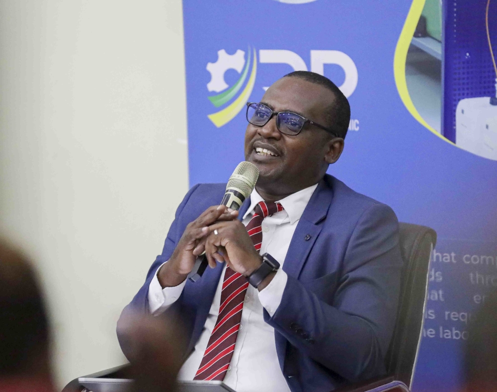 Paul Umukunzi, Director of Rwanda TVET Board, speaks at a news conference on May 28 in Kigali.