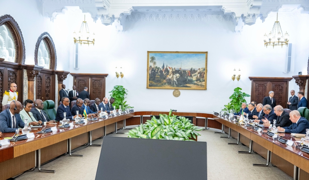President Paul Kagame and his host, President Abdelmadjid Tebboune of Algeria, along with their respective delegations, during a bilateral meeting in Algiers on Tuesday, June 3. Village Urugwiro