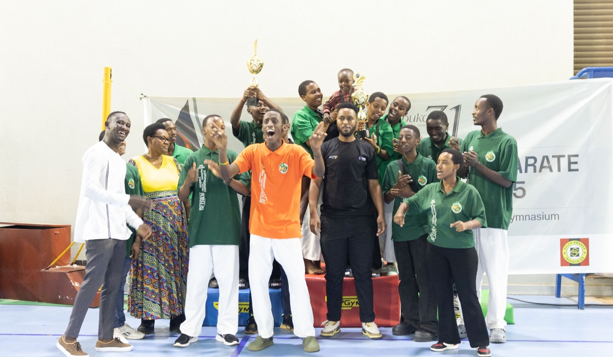 Agahozo Shalom students celebrate after winning two gold medals at the 2025 Genocide Memorial Karate tournament held in Kigali on Sunday, June 1.