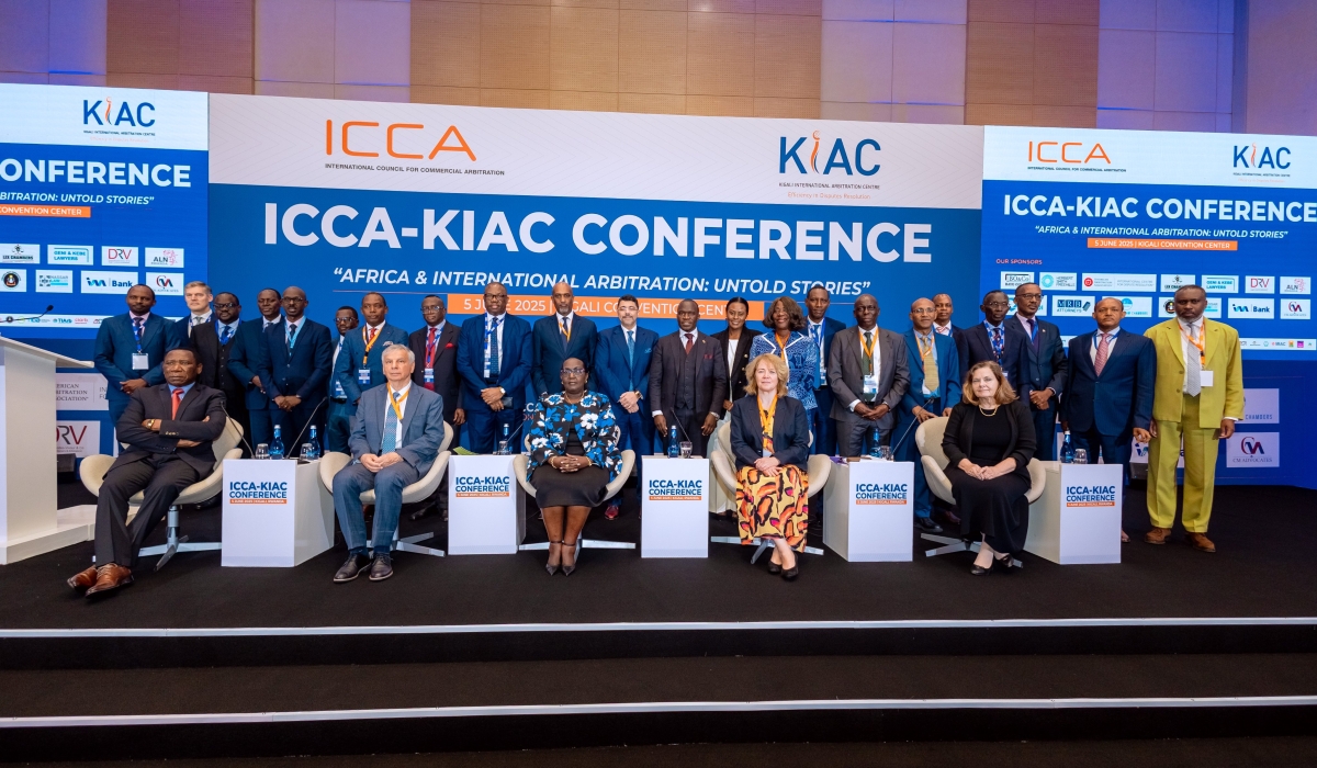 Officials and senior delegates pose for a group photo at a one-day conference co-organized by the International Council for Commercial Arbitration (ICCA) and Kigali International Arbitration Centre in Kigali on June 5