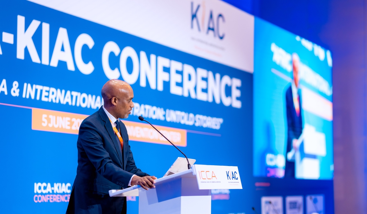 Minister of Justice Emmanuel Ugirashebuja delivers his remarks at one-day conference co-organized by the International Council for Commercial Arbitration (ICCA) and Kigali International Arbitration Centre on June 5