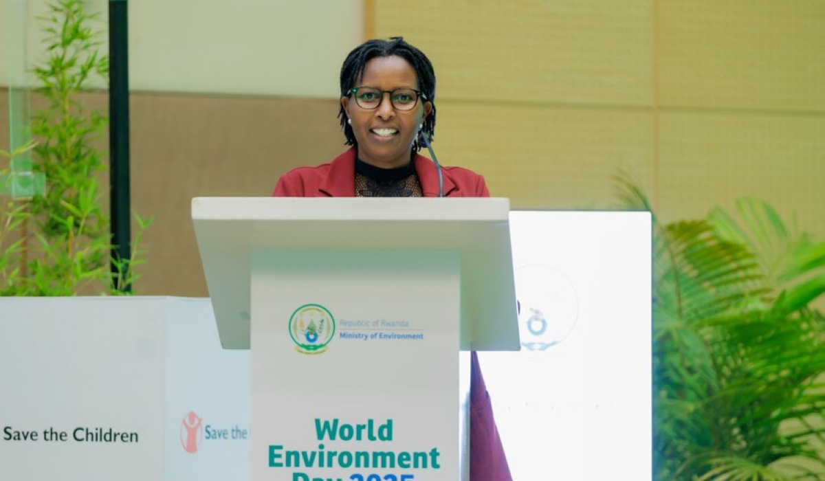 Juliet Kabera, Director General of the Rwanda Environment Management Authority speaks  during World Environment Day, which was marked under the campaign theme Beat Plastic Pollution on June 5 .