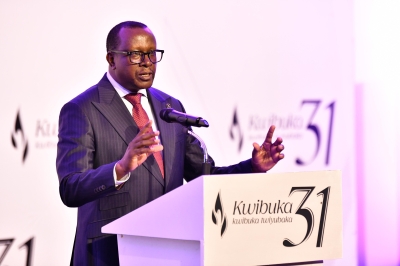 The Minister of National Unity and Civic Engagement, Jean Damascène Bizimana addresses mourners at Kigali Genocide Memorial on Monday, Tuesday 10