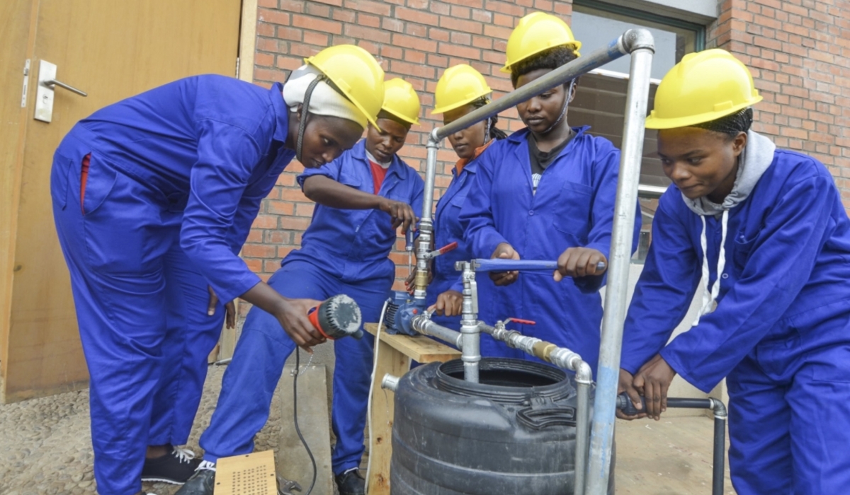 TVET students during a plumbing exercise at Musanze Polytechnic. Photo by Sam Ngendahimana