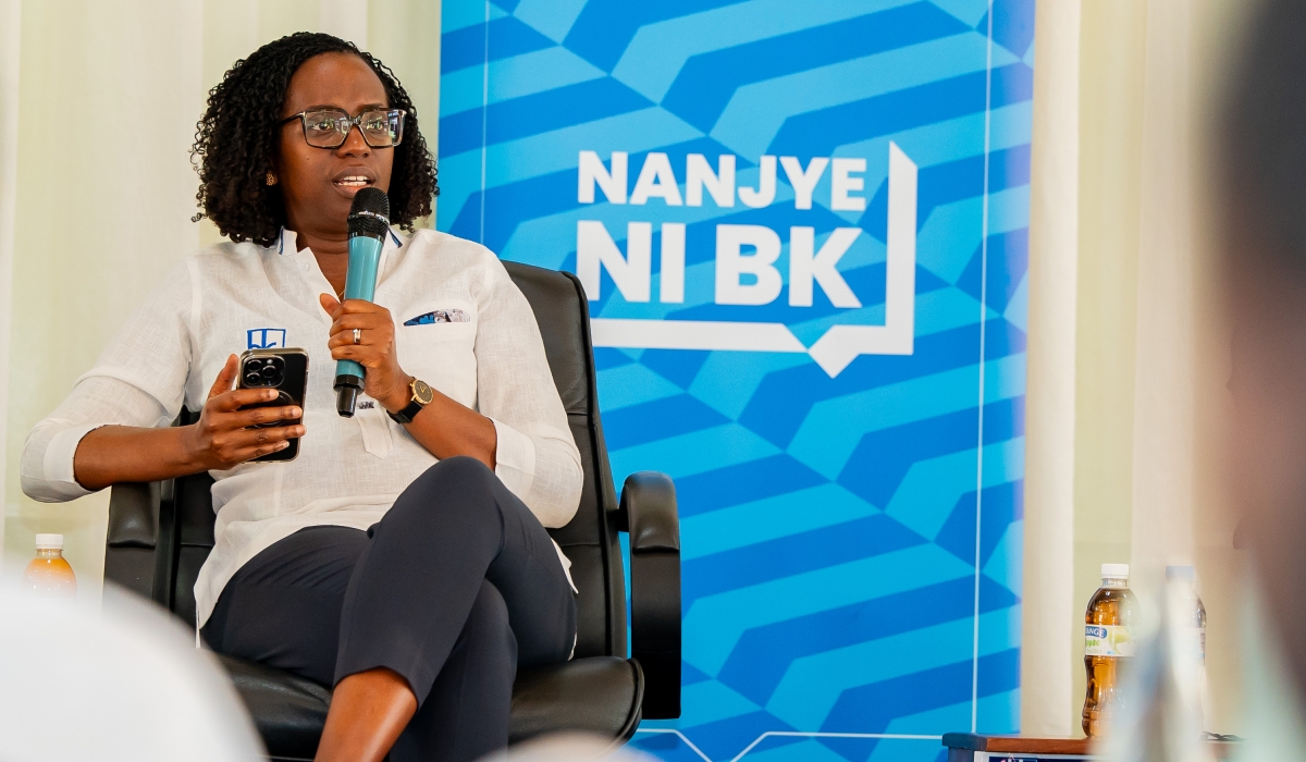 BK CEO Dr. Diane Karusisi, addresses customers during a meeting that was attended by  more than 300 clients in Gatsibo District for an engagement session. Photos by Emmanuel Nkangura