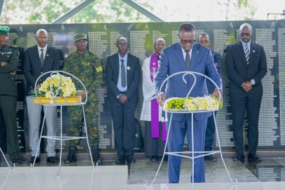Minister of National Unity and Civic Engagement Jean Damascene Bizimana lays a wreath at Ntarama Genocide Memorial, where 320 recently exhumed remains of Genocide victims were given a decent on Saturday, June 14. Photos by Kellya Keza